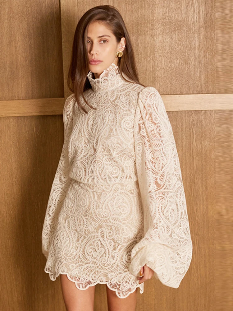 Elegante pizzo retrò scava fuori top da donna gonne set moda girocollo manica a sbuffo top donna nuovo set gonna corta slim fit