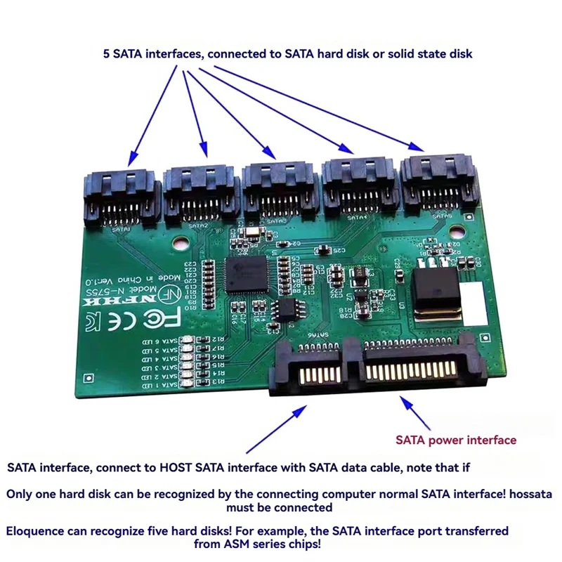 Convertitore scheda di espansione SATA 3.0 adatto da 1 a 5 porte Multiplicatore SATA Riser Accessorio per disco rigido HDD/SSD da 6 Gbps