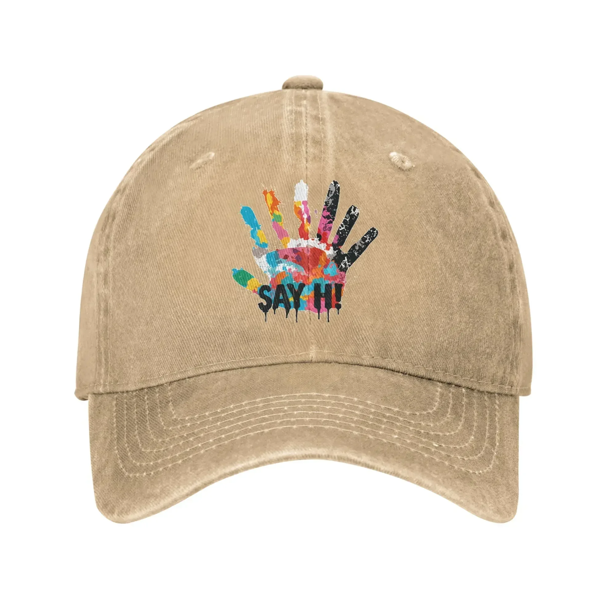 Washed Baseball Cap Say Hi Colorful Handprint Spring Trucker Hat For Men Women Fashionable Streetwear Hippie Sun Snapback Cap