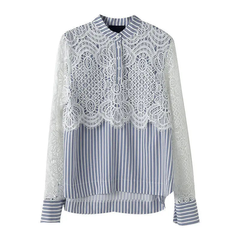 Spring Autumn New Fashion Striped Shirt Women High Street Casual Loose Button Pullovers Lace Patchwork Hollow Out Elegant Tops