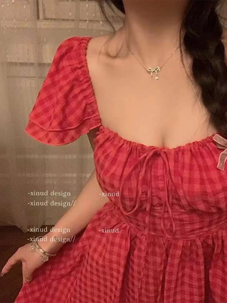 Vestidos de manga curta das mulheres nos anos 50 primavera gaze frisado em camadas puff manga império cintura fofo mori menina cottagecore elegante