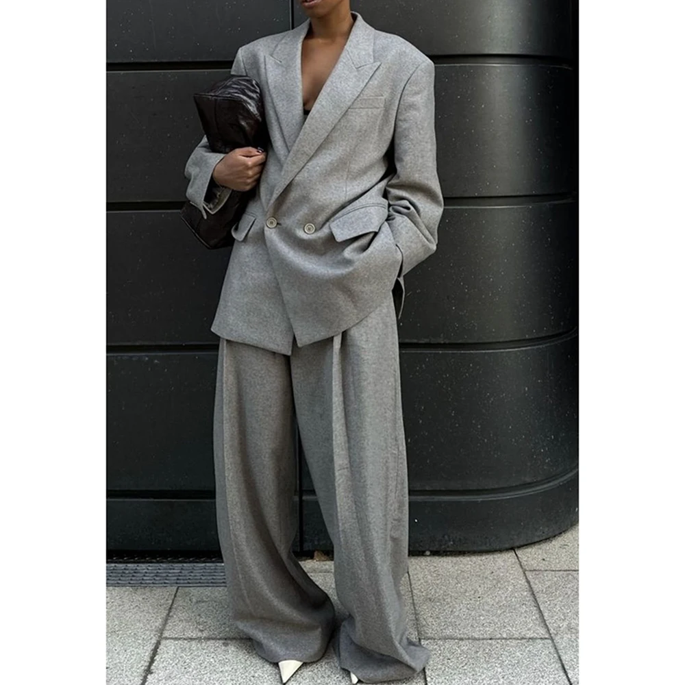 Gray Woolen Office Lady Suit Stretch-comfort Double-breasted Peak-lapel 2Pieces(Jacket+Pants) Casual Oversize Business Women Set