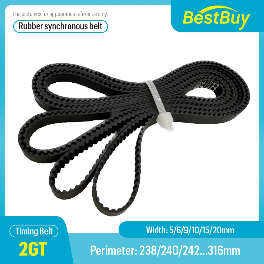 

2GT Timing Belt Perimeter 238mm-316mm Width 5/6/9/10/15/20mm Rubber Closed GT2 Synchronous Belt Pitch 2mm for 3D Printer