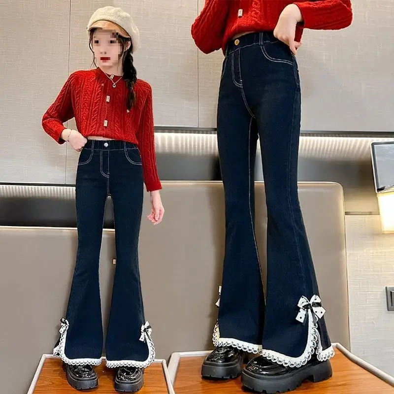 

Kids Child Retro Boot Cut Jeans with Lace Flower for Girl Female New Spring Autumn Blue Denim Pants Street Wear Flare Trousers