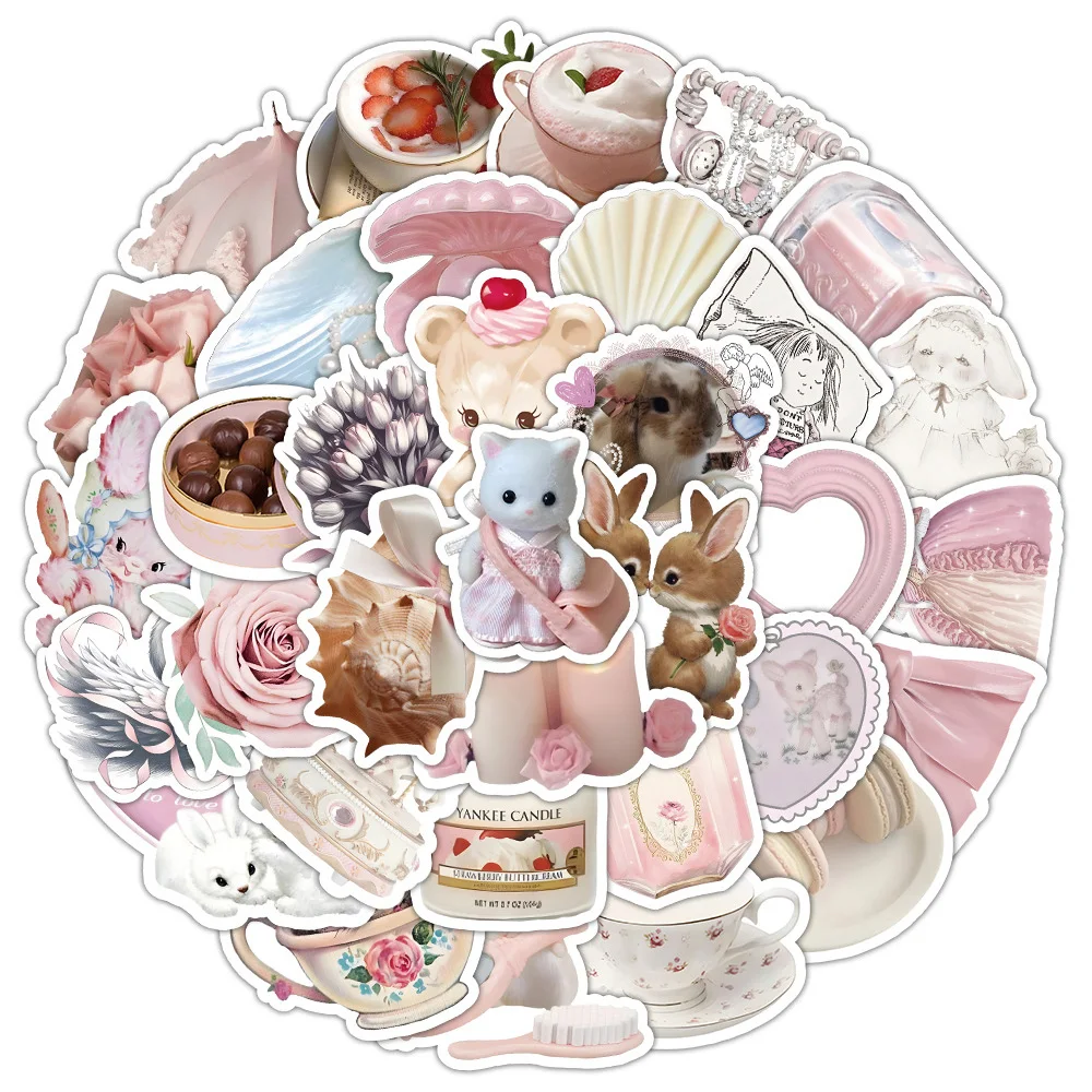 

10/50/100Pcs Vintage Pink Decoration Stickers Aesthetic INS Graffiti Decals Toys DIY Diary Laptop Cute Cartoon Girl Sticker Gift