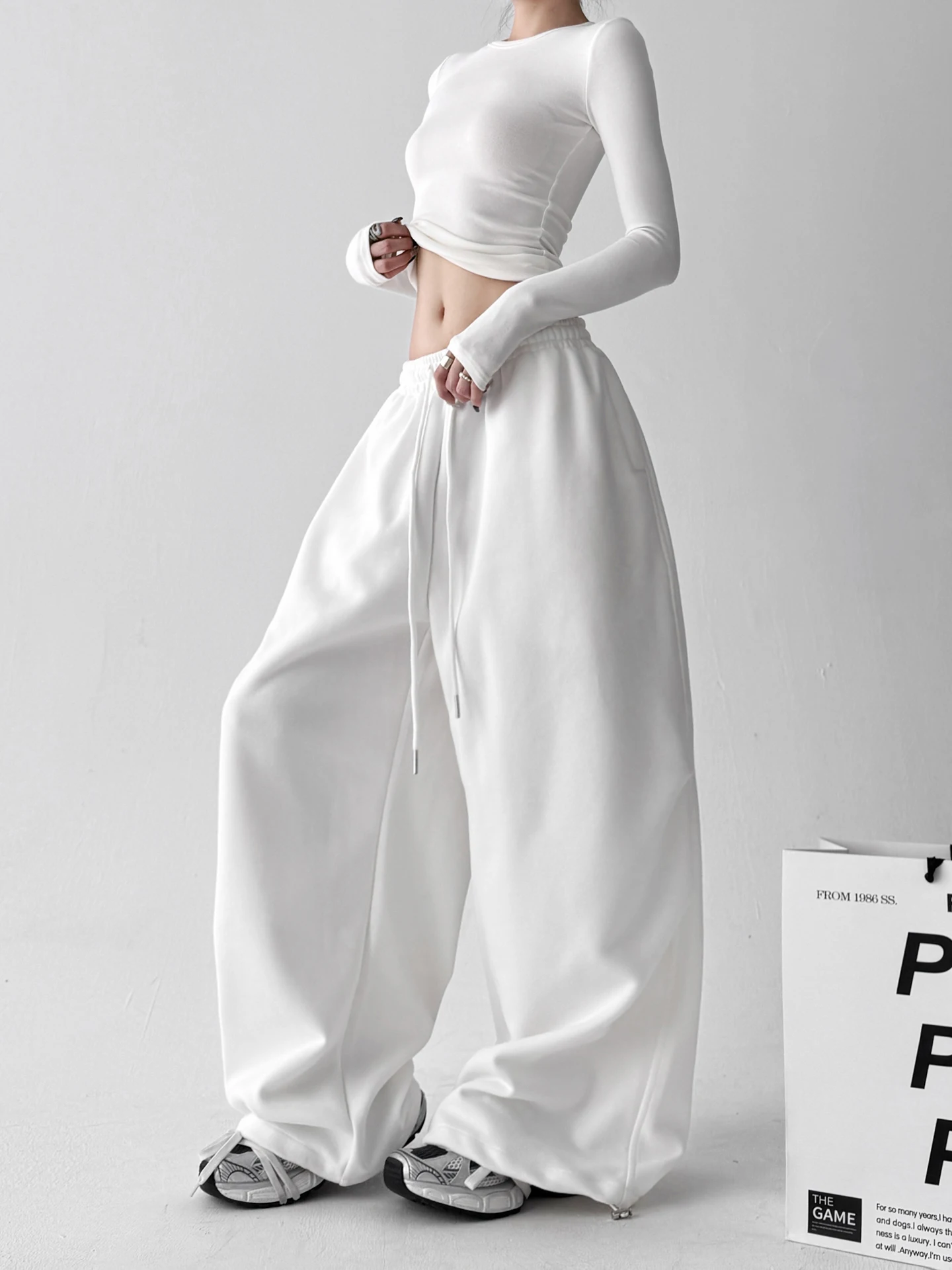 Witte hoge taille danssportbroek dames casual losse legging broek elastische taille wijde broek lente herfst nieuwe collectie