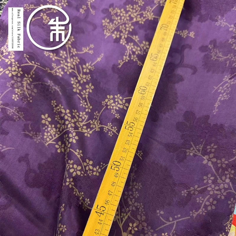 High Quality Purple Background Plum Blossom Fragrant Cloud Yarn Silk Fabric Designer Cloth Real Silk Cheongsam Dress 30momme