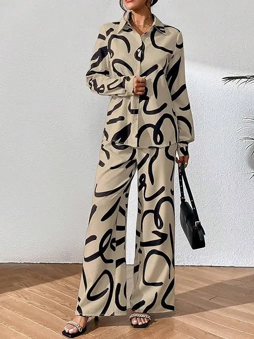 Set da due pezzi con stampa pendolare alla moda Set da donna con risvolto ampio monopetto camicia a maniche lunghe elastico in vita pantaloni dritti