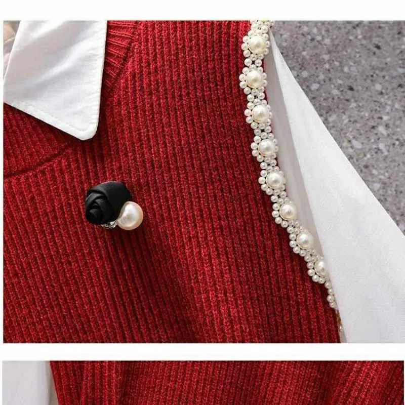 Women\'s Round Neck Sweater Vest Spring Autumn New Fashion Casual Solid Color Beading Sleeveless Slit Loose Pullover Knitted Tops