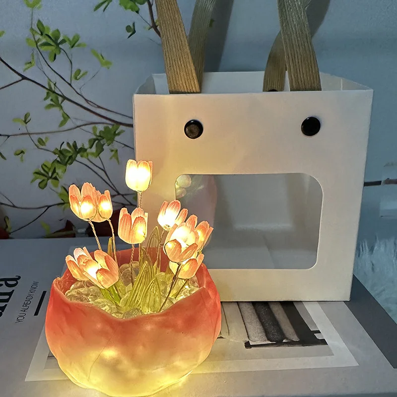 Multi-style Handmade Tulip Night Lght Handmade DIY Bag Creative Desktop Ambiance Light Decoration Girl's Valentine's Day Gift