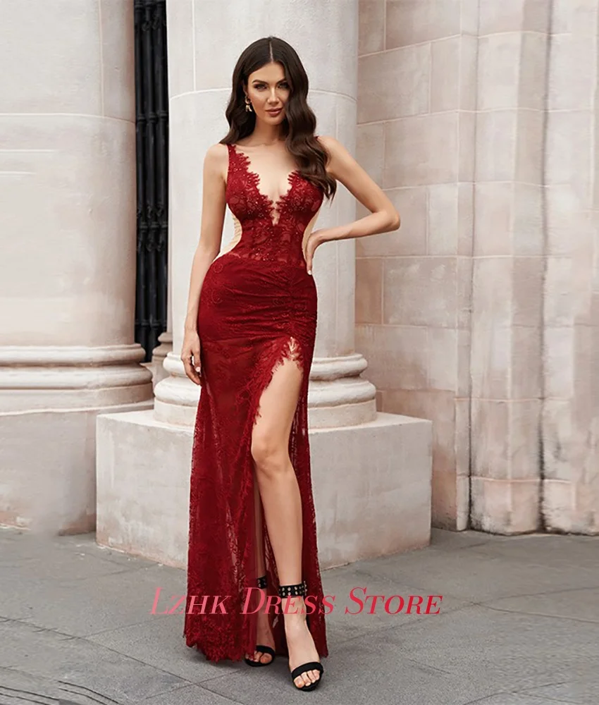 Personalizado sexy renda sereia apliques vestido de noite de alta qualidade sem mangas com decote em v até o chão فستانmavera