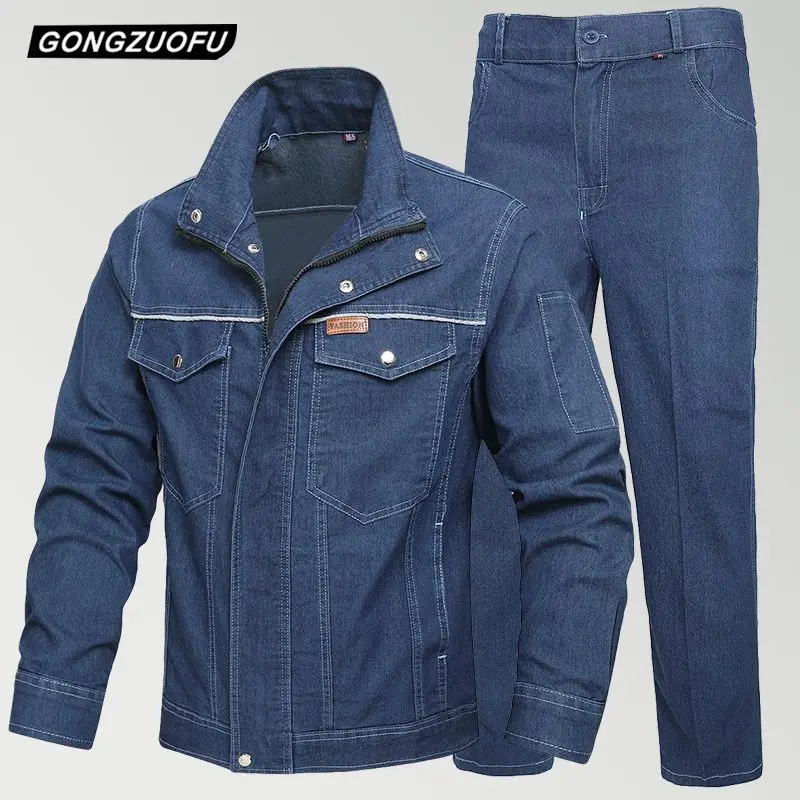 Men Thin Denim Workwear Set Elastic Heat Resistant Wear Resistant Welding Labor Jacket Pants Work Uniform