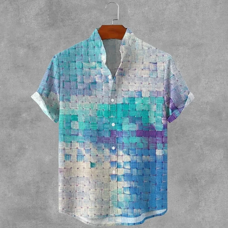 قمم الرجال خمر تصميم هندسي مربع الفن طباعة عارضة قميص أزياء عطلة قصيرة الأكمام واحدة الثدي المتضخم الستر