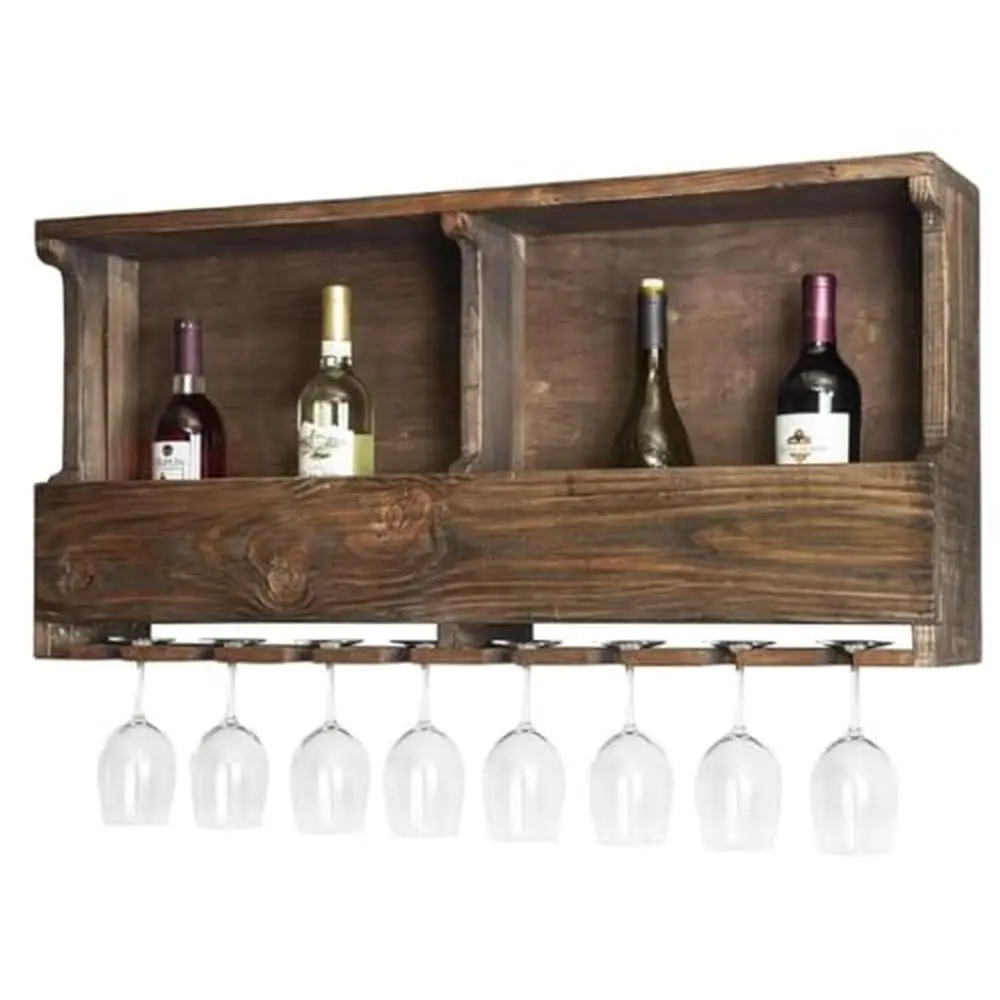 Rustic Wall-Mounted Wine Rack Shelf Holder Solid Wood Glass Organizer Industrial Bar Furniture Organization and Storage Solution