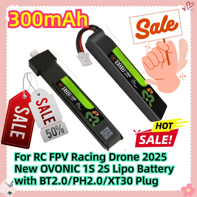 

For RC FPV Racing Drone 2025 New OVONIC 1S 2S Lipo Battery 300mAh with BT2.0/PH2.0/XT30 Plug