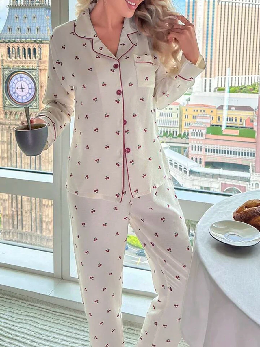 Women Pajama Set Cherry Print Long Sleeve Button Closure Tops with Pants Sleepwear Loungewear