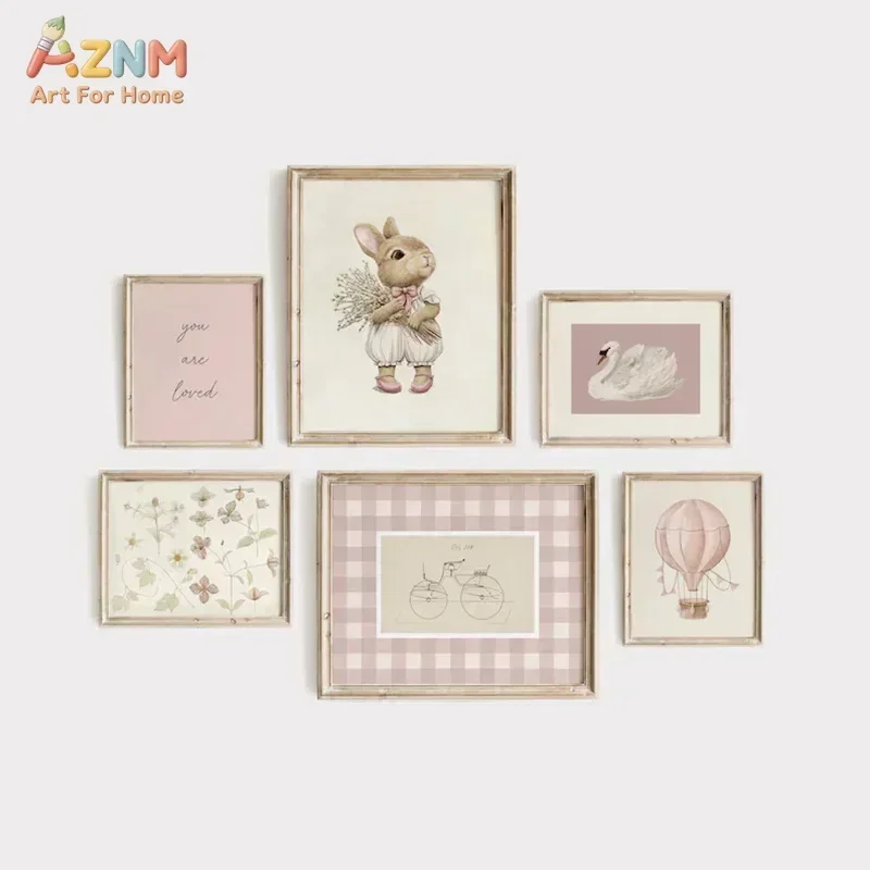 AZNM Frameless Canvas Poster Pink Vintage Nursery Print, Cute Bunny Swan Hot Air Balloon Wildflower Gentle Text Art Wall Picture
