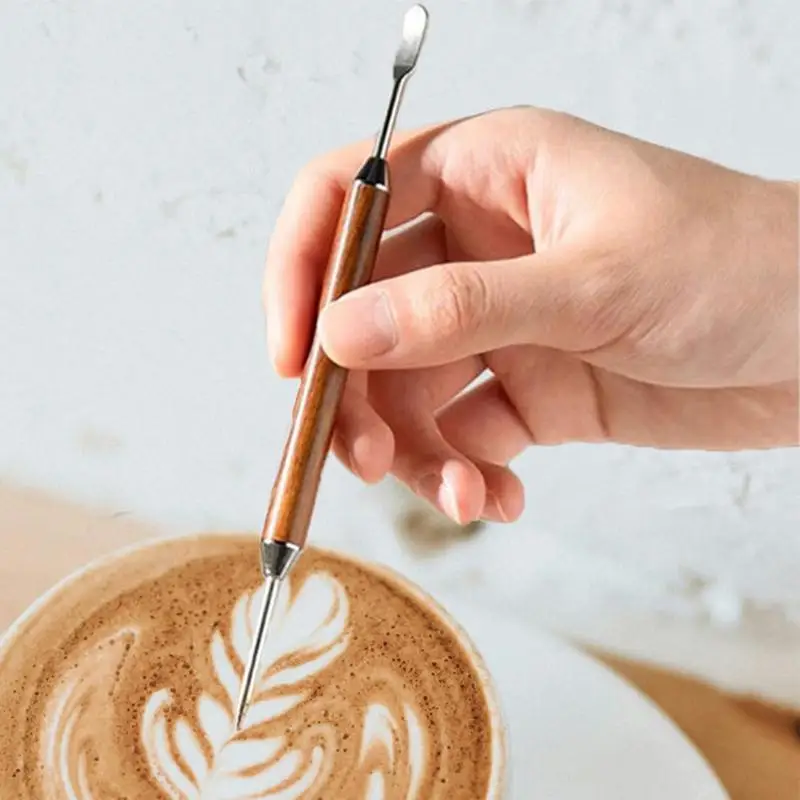 Stainless Steel Coffee Pen Duals-Ended Cappuccino Espresso Coffee Latte Art Pen With Wood Handle For Coffee Decoration