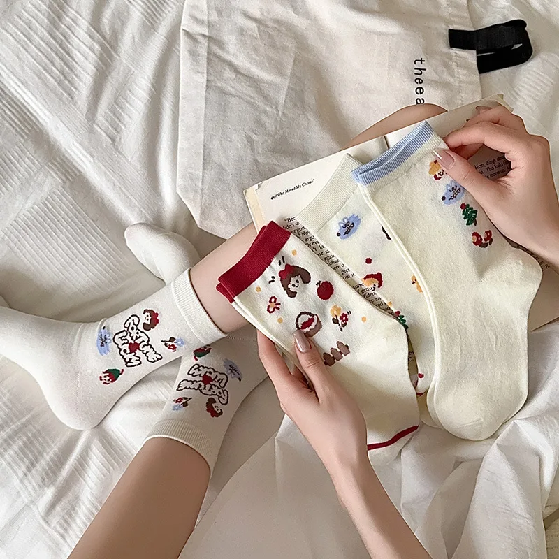 Leuke Roodkapje Cartoon Mid Kuit Sokken Gekamd Katoen Ademend Schoolstijl Witte Sokken voor Dames