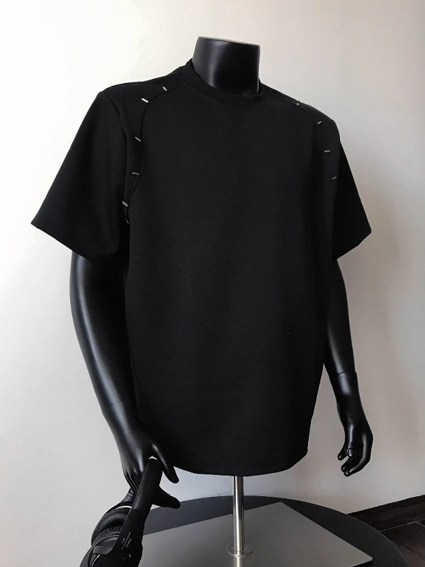 الرجال النساء 2025 الصيف المعادن حبة الكتف خط تصميم منصات الكتف قصيرة الأكمام بسيطة تي شيرتات قطن الرجال الراقية القمم #3