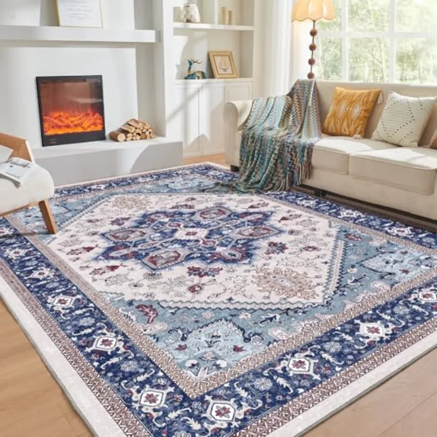 

Soft Area Rugs 5x7 for Living Room and Bedroom Washable Faux Cashmere LowPile Carpet with NonSlip Backing Navy Blue Red Cream C