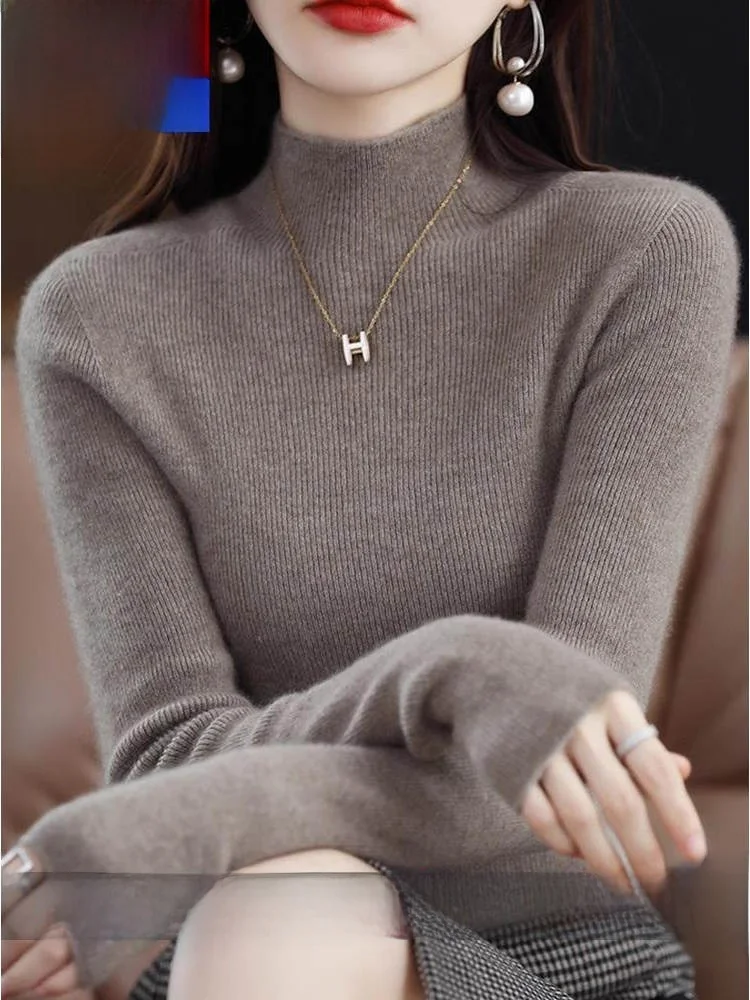Thiened suéter de malha de lã feminino fino ajuste f gola alta outono inverno quente cor pura camere mistura base irt