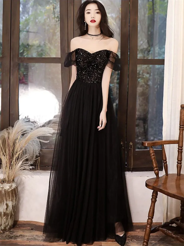 Black Wipe Chest Dress Women's Clothing Solid Color Splicing Sequins Elegant Long A-line Skirt Fashion Evening Gown M393