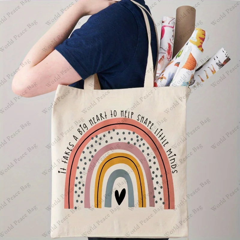 Rainbow Pattern Tote Bag, Casual Canvas Shoulder Bag, Reusable Foldable Storage Tote Bag Shopping Bag, Gift For Teachers