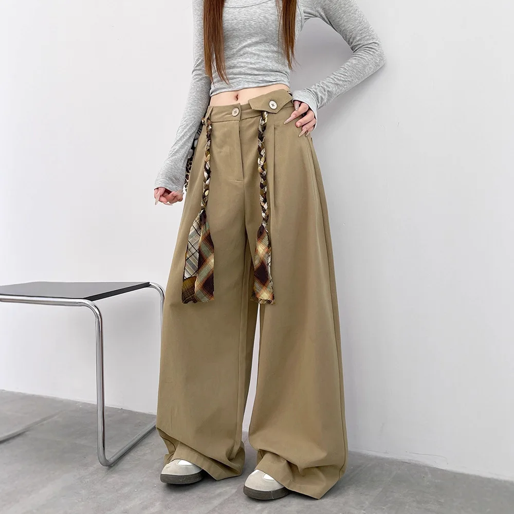 Women's American Vintage High Waist Cargo Wide Leg Pants 2026 Army Green Drawstring Bow Tie Lazy Scimitar Streetwear Trousers