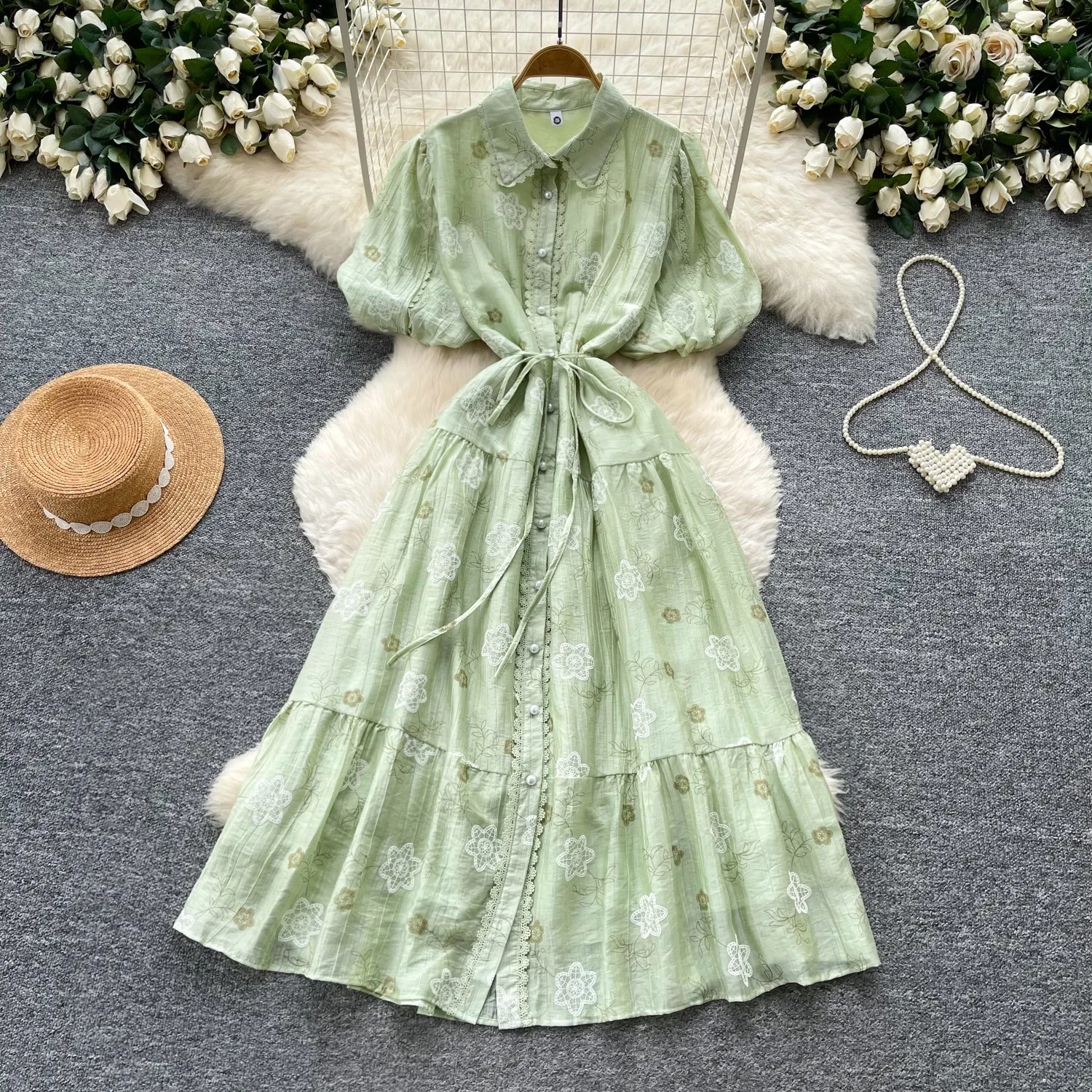 Gestuftes Kleid für Damen, bestickt, europäisch, romantisch, Puffärmel, A-Linie, Sommer, schmale Passform, Taillengürtel, Midi-Kleid, weiblich, DS487