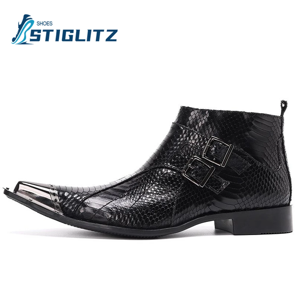 Panel Crocodile Chelsea Ankle Boots Buckle Side Zipper Black Leather Boots New British Style Men's Business Formal Casual Shoes