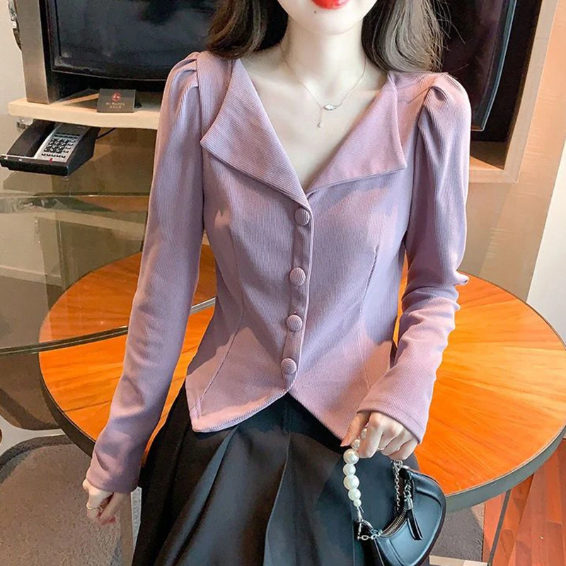 Fashion Lapel Button Irregular Sweet Shirts Female Clothing 2024 Autumn New Loose All-match Tops Solid Color Office Lady Blouses