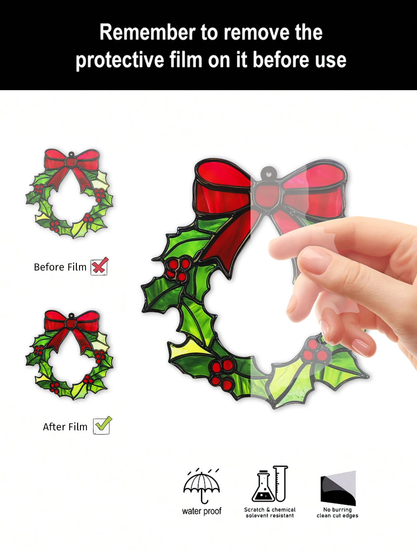 Green Christmas Acrylic Holly Wreath Ornament with Red Bow, Hanging Window Decor, Festive Xmas Tree Decoration for Home & Party