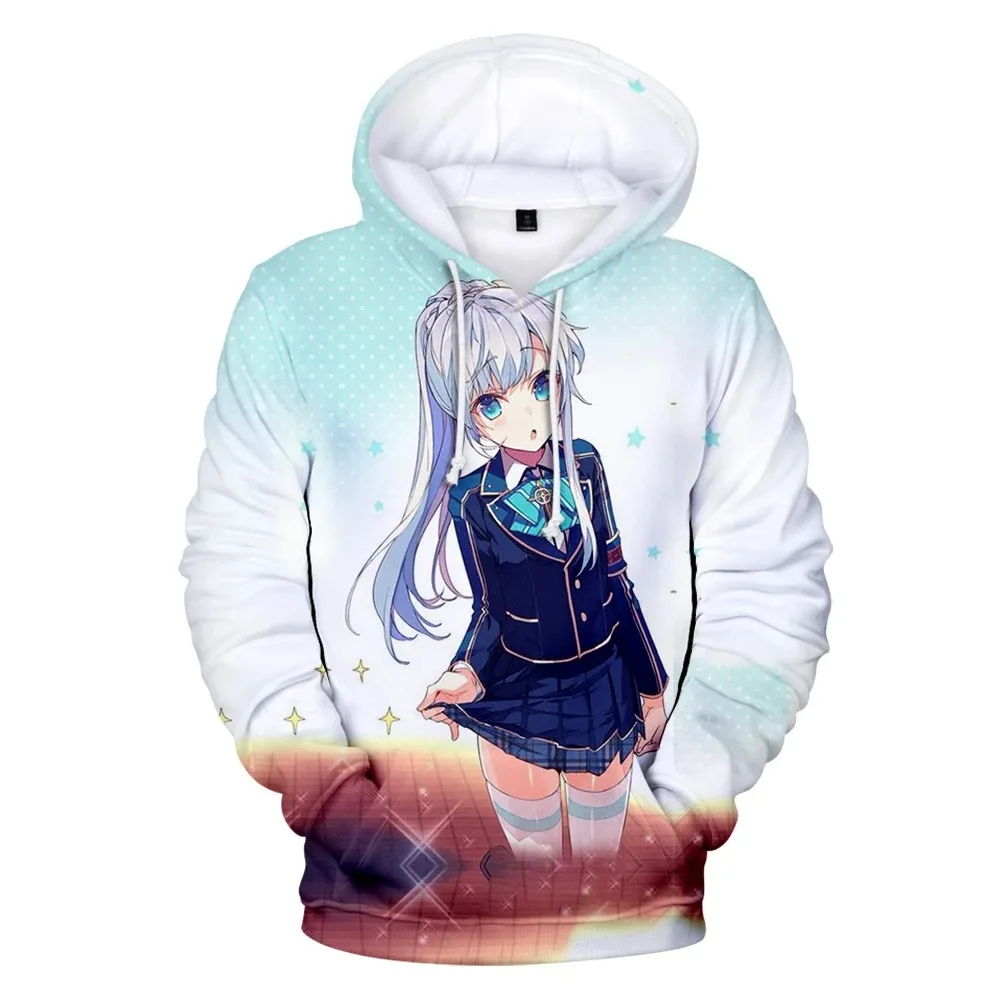 Female neutral cartoon with hood, casual pullover, 3D
