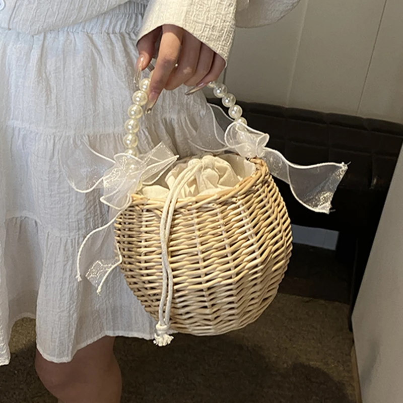 Vine Weaving Handwoven Handbag Luxury Vacation Travel Beach  Women\'s Bag lace Pearl String Design Small Basket phone bag Wallet