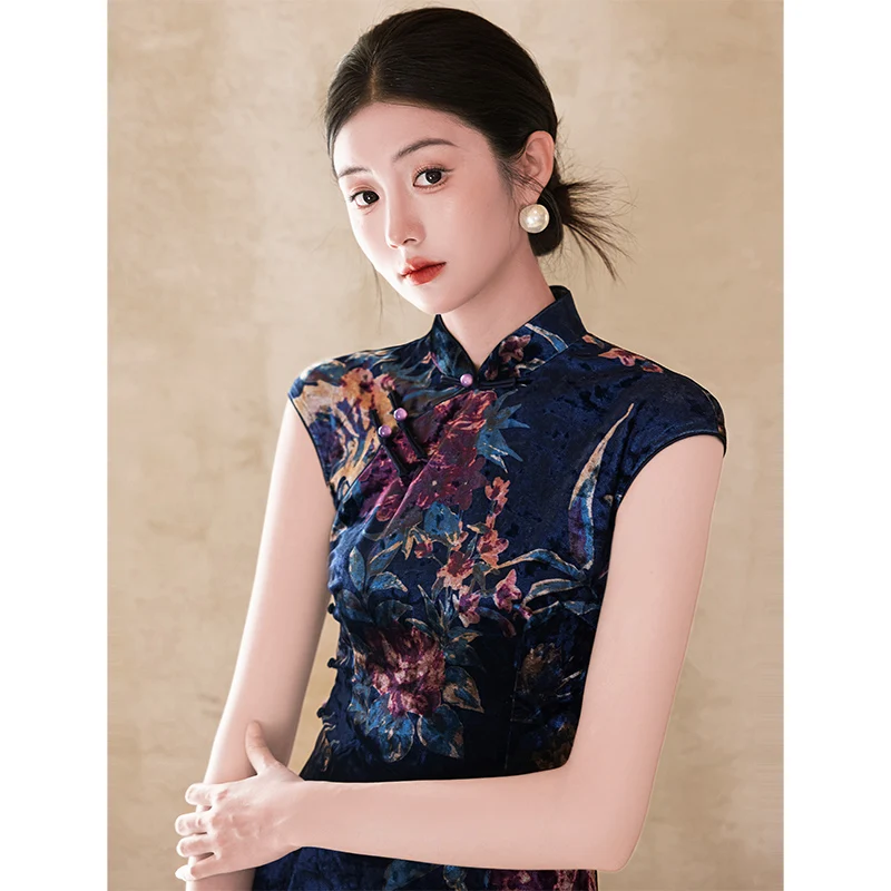 

Элегантное синее бархатное ципао с принтом, молодежное, высококачественное, повседневное, модное, для выступлений, традиционный китайский костюм, женское платье