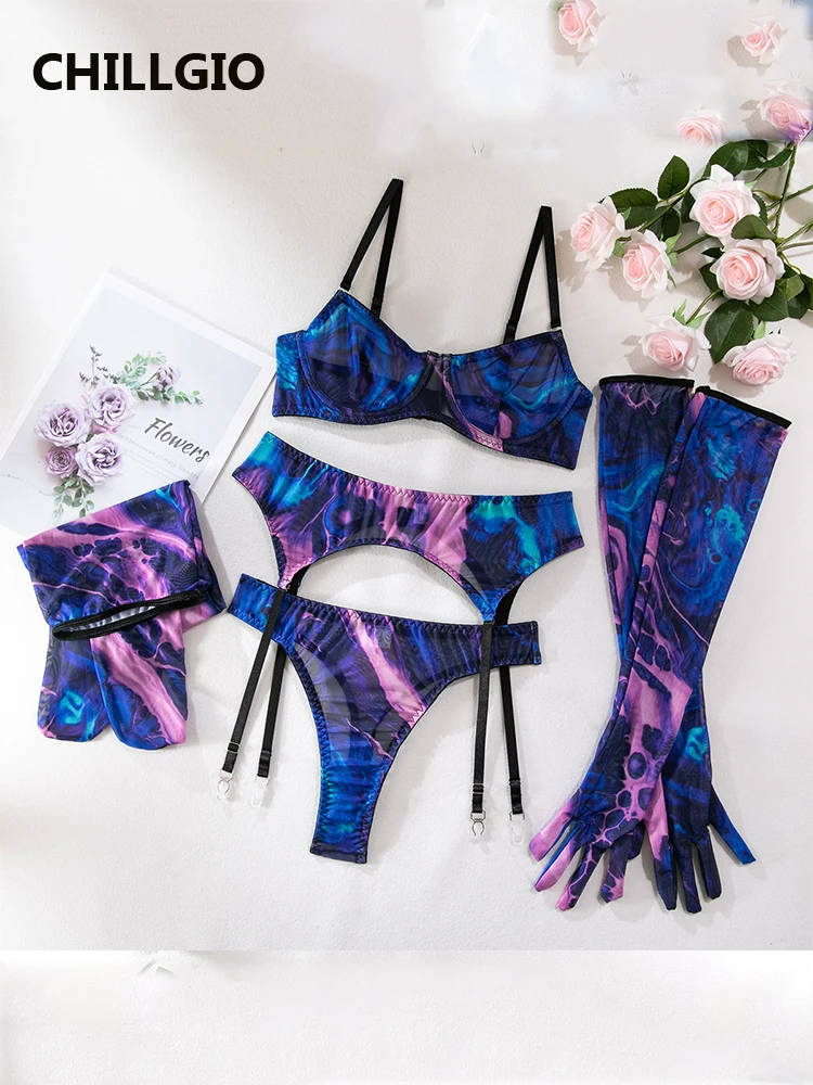 CHILLGIO Women Print Bra Brief Suits Sexy Fashion Erotic Transparent Intimate Lingerie Ins 5 Pieces Push Up Mesh Underwear Sets