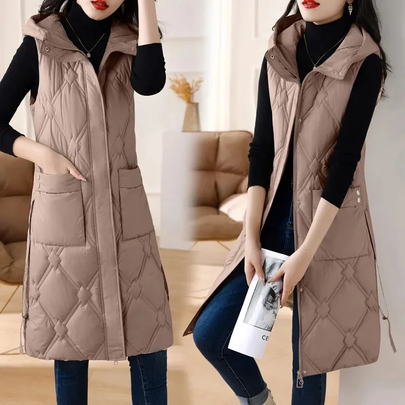 Autumn Winter Women Sleeveless Waistcoat Warm Puffer Jacket Ultra Light Mid Long Down Cotton Vest New Female Outwear Casual Tops