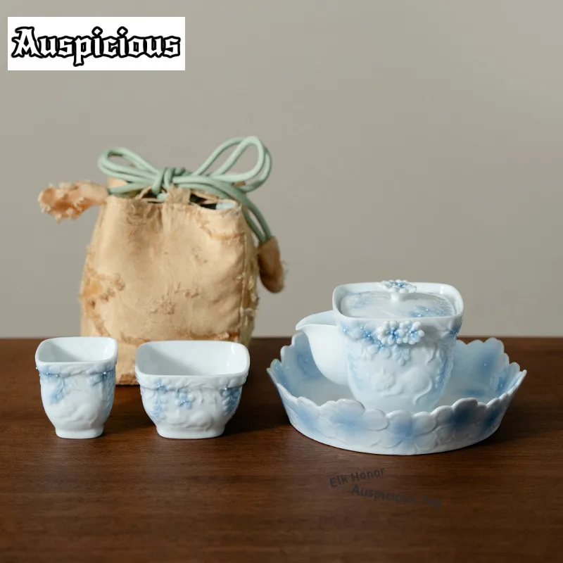 Relief Cat Flower Shadows Hand Grasp Pot Travel Tea Set Kit Ancient 1 Pot 2 Cups Tea Maker Organizer Portable Picnic Tote Bag