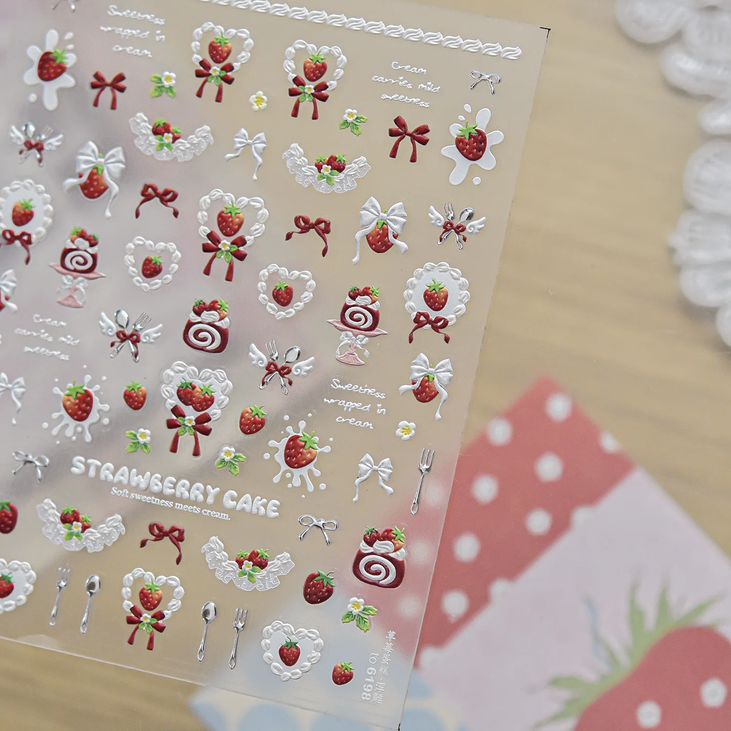 Lolita Lace Sweet 5D Nail Decals Strawberry Cake Cream Lace Bow Dessert Knife Fork Self Adhesive Nail Art Stickers DIY Manicure