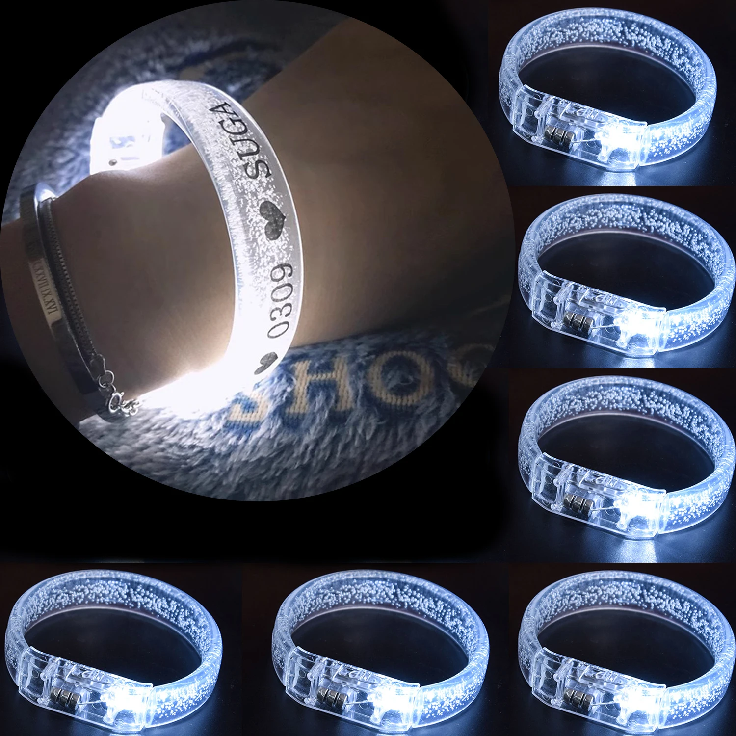 

50/100/1000PCS LED Light Up Bracelets White Personalized Luminous Glow Bracelets Wristbands for Birthday Wedding Party Supplies