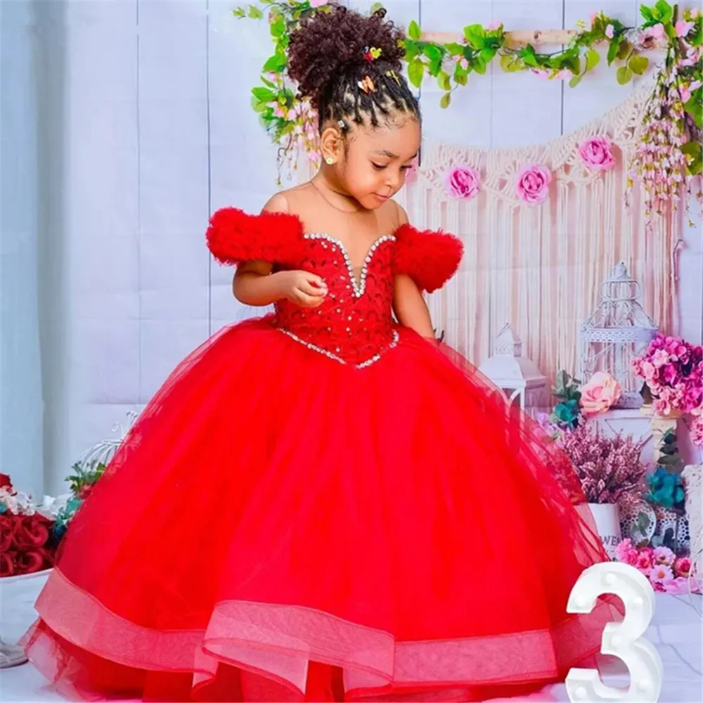 

2025 Flower Girl Dresses Red Tulle Puffy Flower Pattern With Bow Sleeveless For Wedding Birthday Party First Communion Gowns