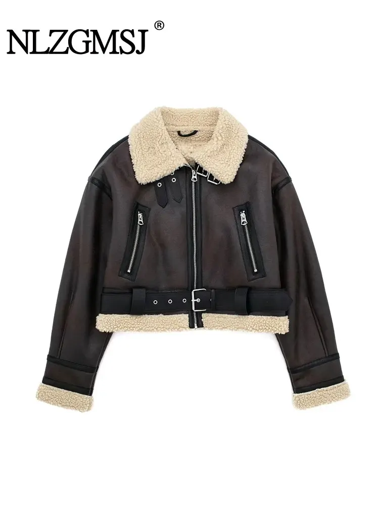 

Nlzgmsj TRAF Winter Women Streetwear Faux Lamb Leather Fur Short Jacket with Belt Moto Biker Thick Warm Sheepskin Coat Outwear