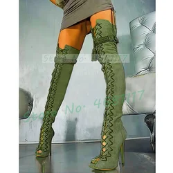 Puttee Over Knee Gladiator Boots Suede Leather Peep Toe Lace-up Buckle High Thin Heel Brand Design Women Fashion Long Boots