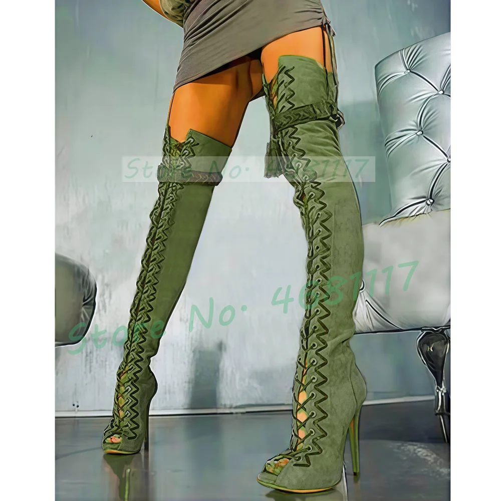 Puttee Over Knee Gladiator Boots Suede Leather Peep Toe Lace-up Buckle High Thin Heel Brand Design Women Fashion Long Boots