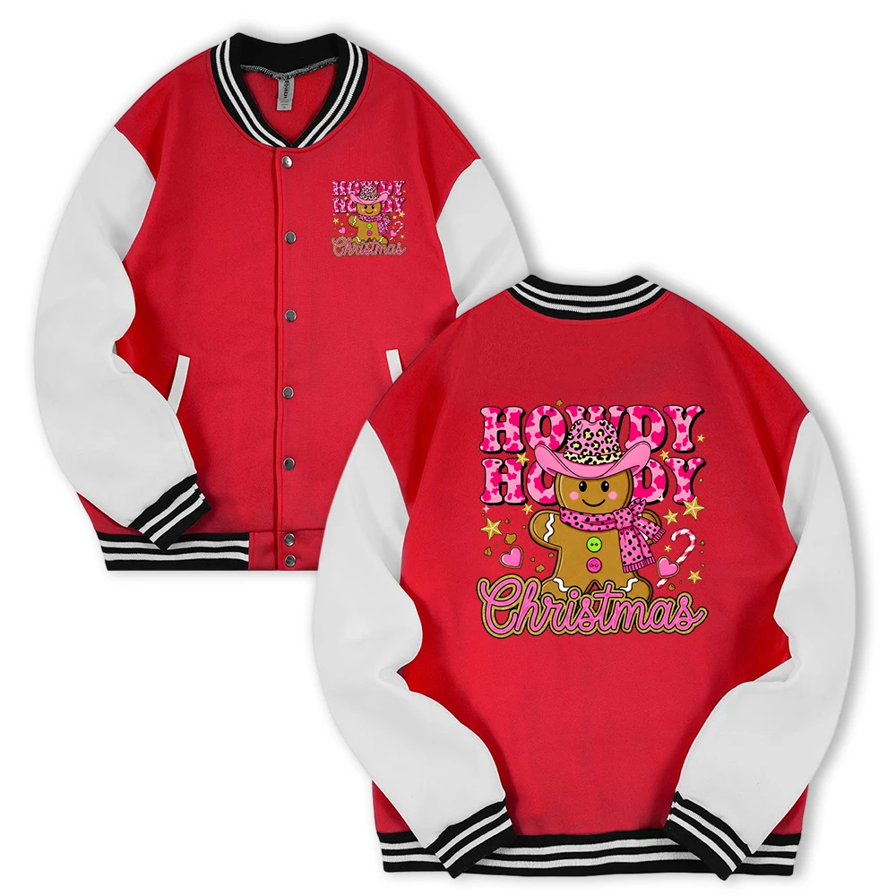 Howdy Christmas Gingerbread Man Print Baseball Jersey Pria Trendy Fleece Streetwear Kasual Longgar Lengan Panjang Unisex American Coat