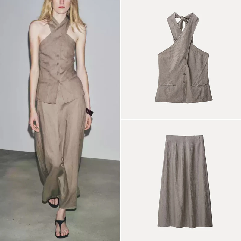 

Z Women's Faion Set Summer 2025 round Ne ort Sve Vest Sle Top with Midi Skirt Two-Piece Polyester Fiber Outfit
