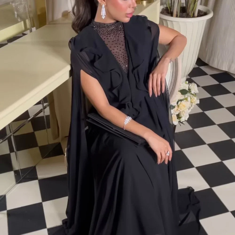 Customized Elegant Black Silk Chiffon Cape V Neck Party Dress 2024 With Flowing Floor Length Design And Sleeveless A Line