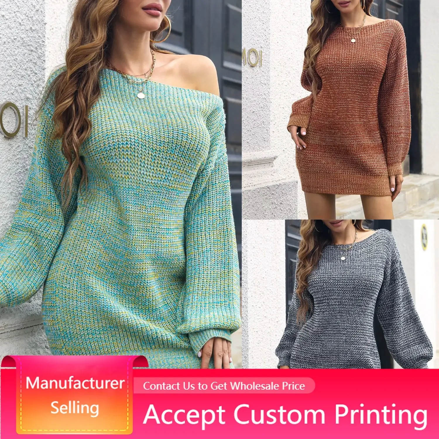 

Dresses Women Casual One Word Neck Off The Shoulder Colorful Lantern Sleeve Knitted Sweater Dress Casual Knitted Dress