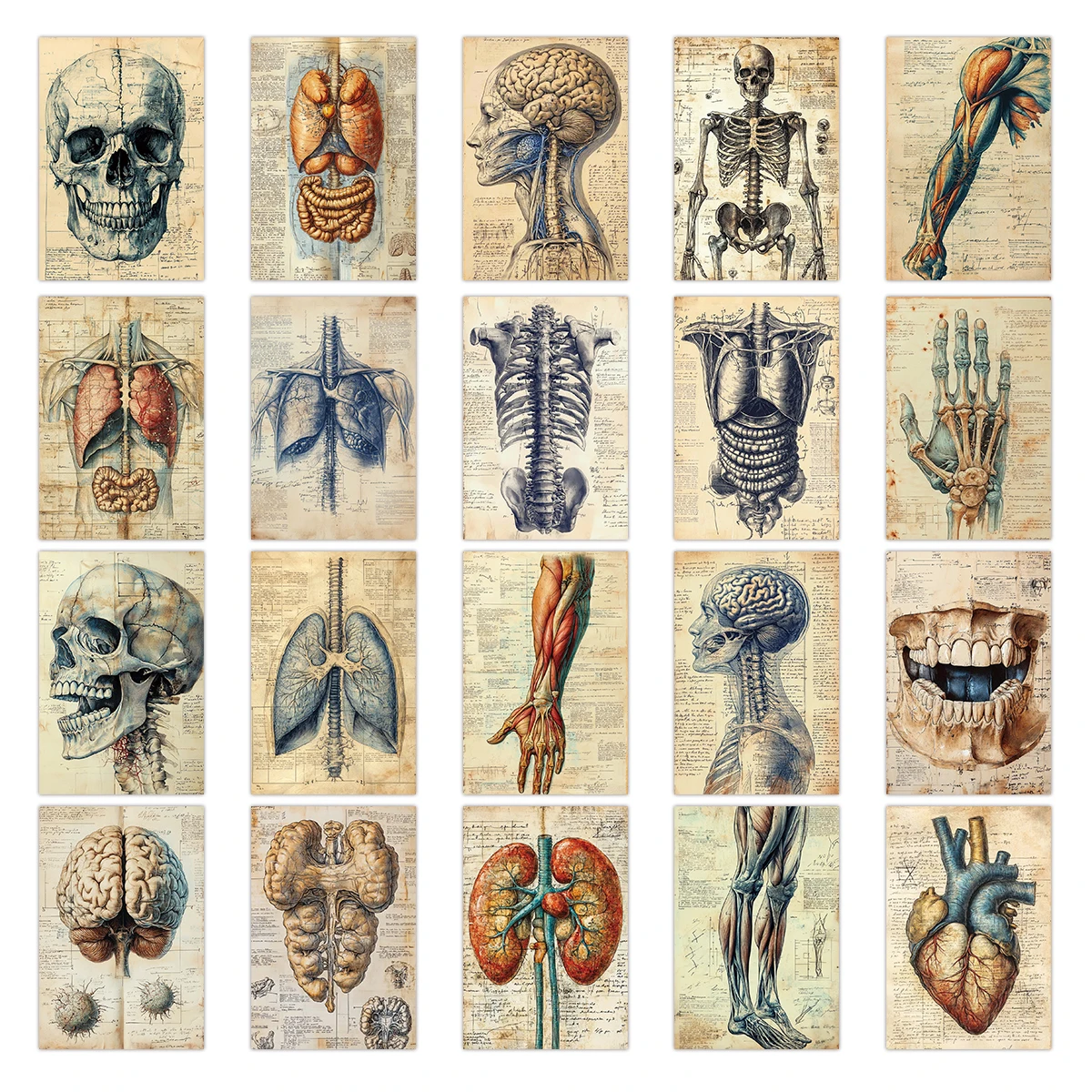 20 Stück Vintage-Anatomie-Postkarten, Illustrationsdesign des menschlichen Körpers (Schädel, Gehirn, Muskeln, Organe), Wanddekoration für Wohnheim und Büro, Geschenkkarte – Detail 1